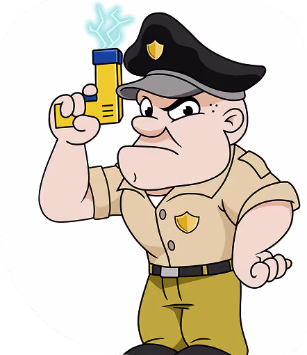 Cartoon police officer in beige uniform and black hat holding a yellow taser with electric sparks.