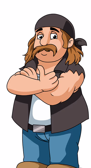 Cartoon biker man with a mustache, bandana, and crossed arms giving a thumbs-up.