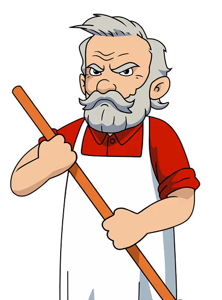 Cartoon of an elderly man with gray hair and beard, wearing a red shirt and white apron, holding a broom with a determined expression.
