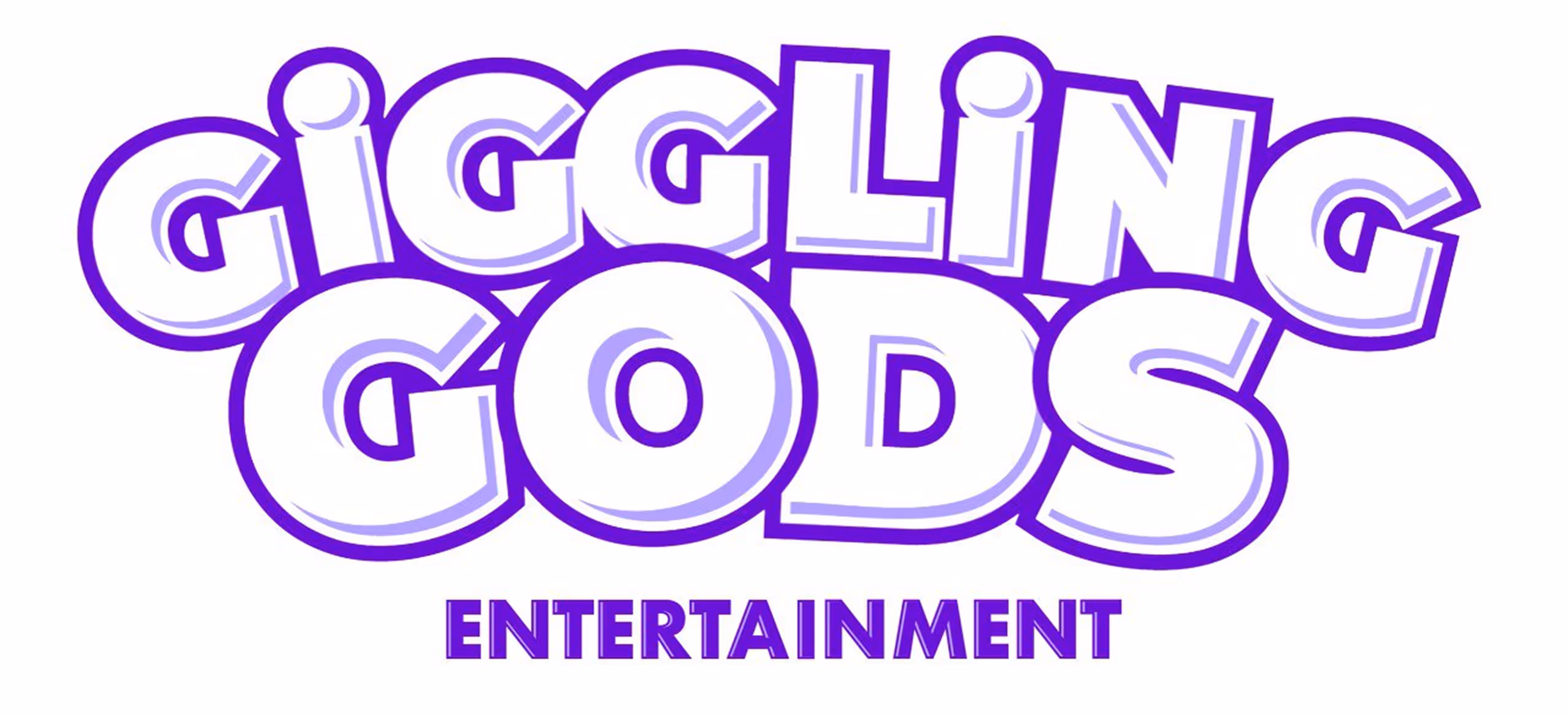 Giggling Gods Entertainment logo with bold, white letters outlined in purple.