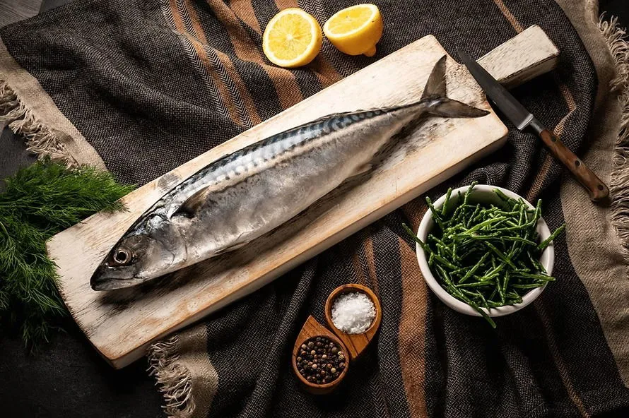 Vitamin D-rich foods displayed on a kitchen counter