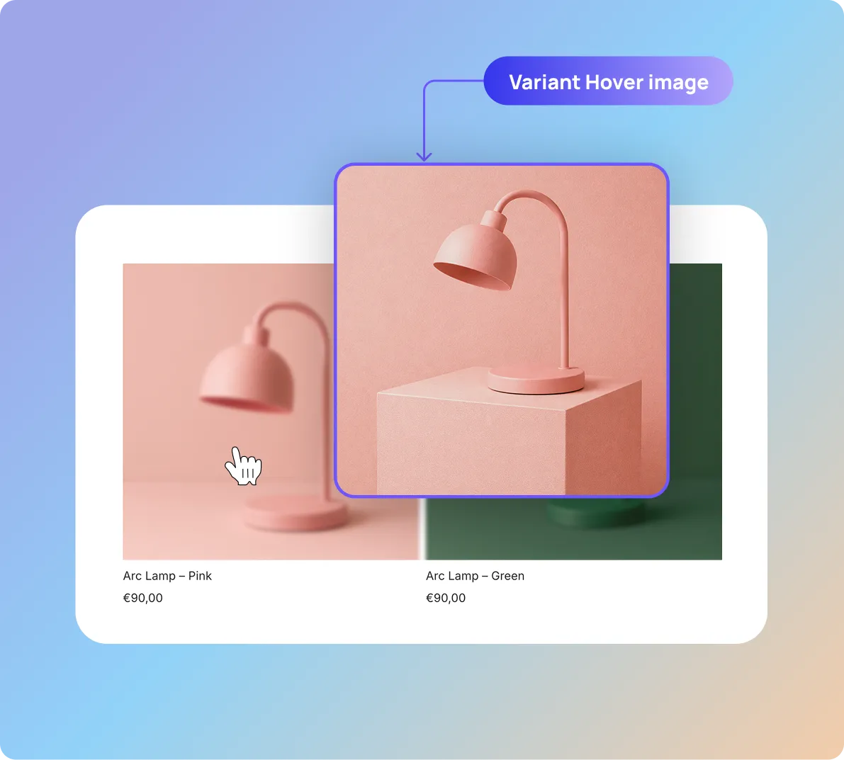 Mobile app interface showing a homepage with a dark green sofa and color variants of chairs, and a search results page displaying lamps in pink, grey, off white, and blue colors priced at $90 each.