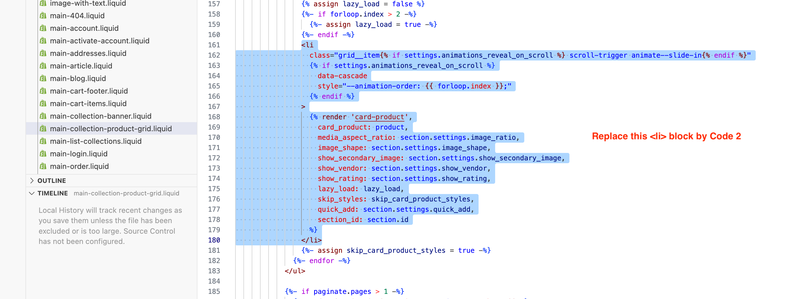 Screenshot of code editor showing a Shopify Liquid template file with a highlighted <li> block including class attributes, animation and rendering a product card with multiple settings.