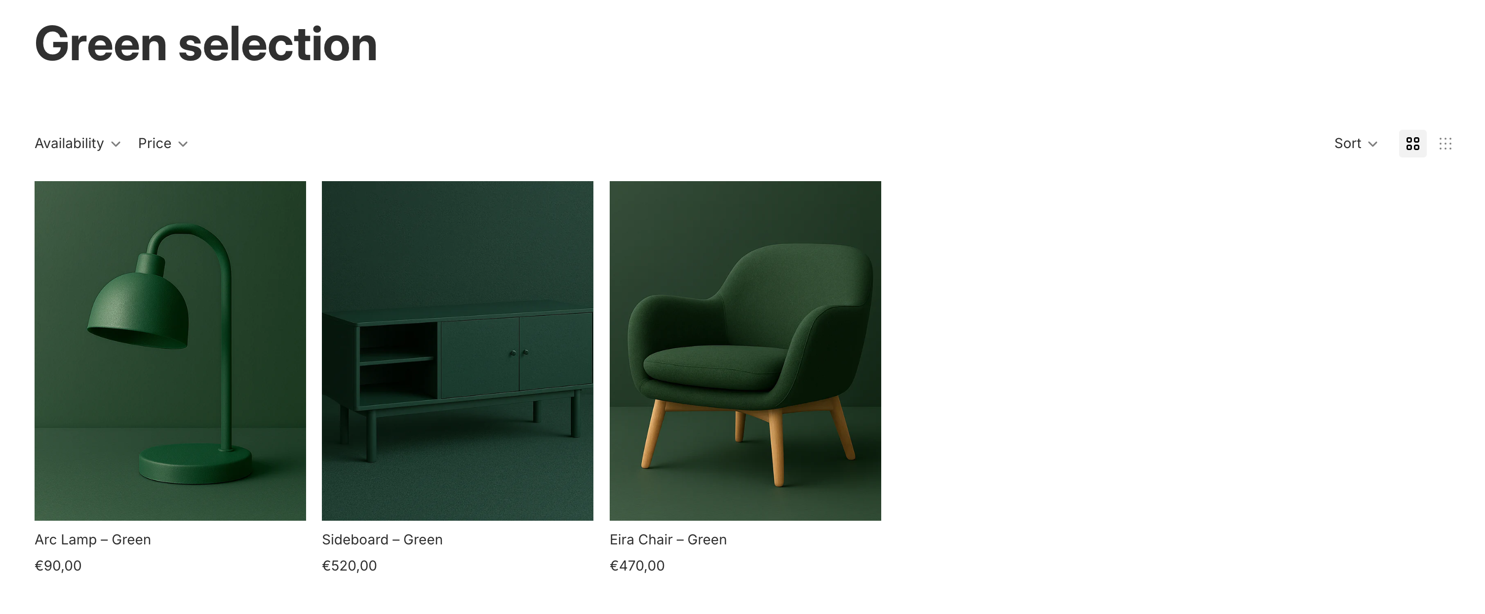 Green arc lamp, green sideboard, and green Eira chair with wooden legs displayed against a green background.
