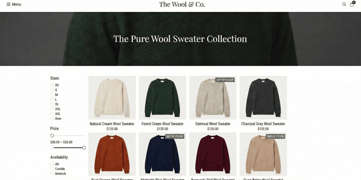 Online store page for The Wool & Co. showing The Pure Wool Sweater Collection with images and prices of various sweaters and sidebar filters for size, price, and availability.