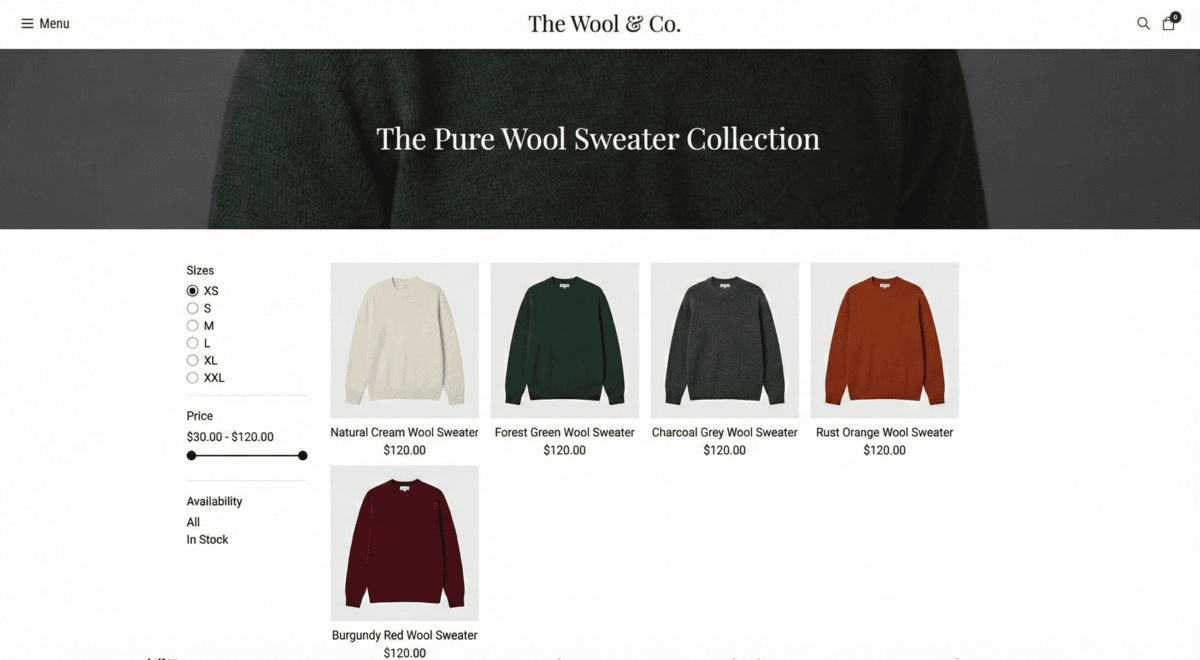 E-commerce page showing The Pure Wool Sweater Collection with five sweaters in cream, forest green, charcoal grey, rust orange, and burgundy red, each priced at $120.