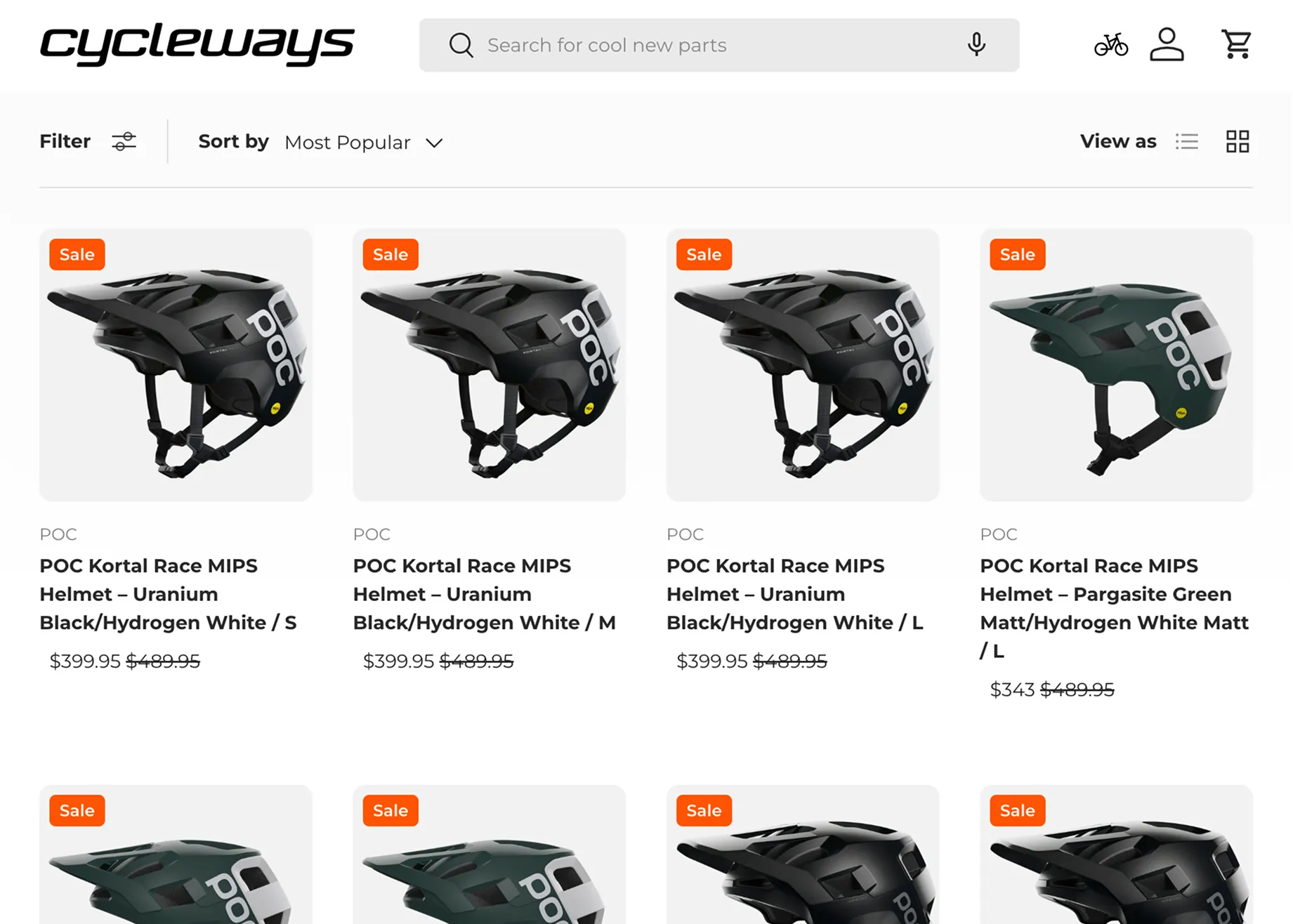 Example of size variants displayed on a Shopify collection page