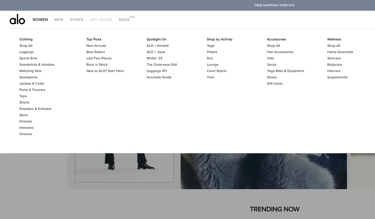 Screenshot of Alo Yoga’s well-structured mega menu showing clear categories like Shop by Activity, Top Picks, and Accessories, illustrating good Shopify navigation design.