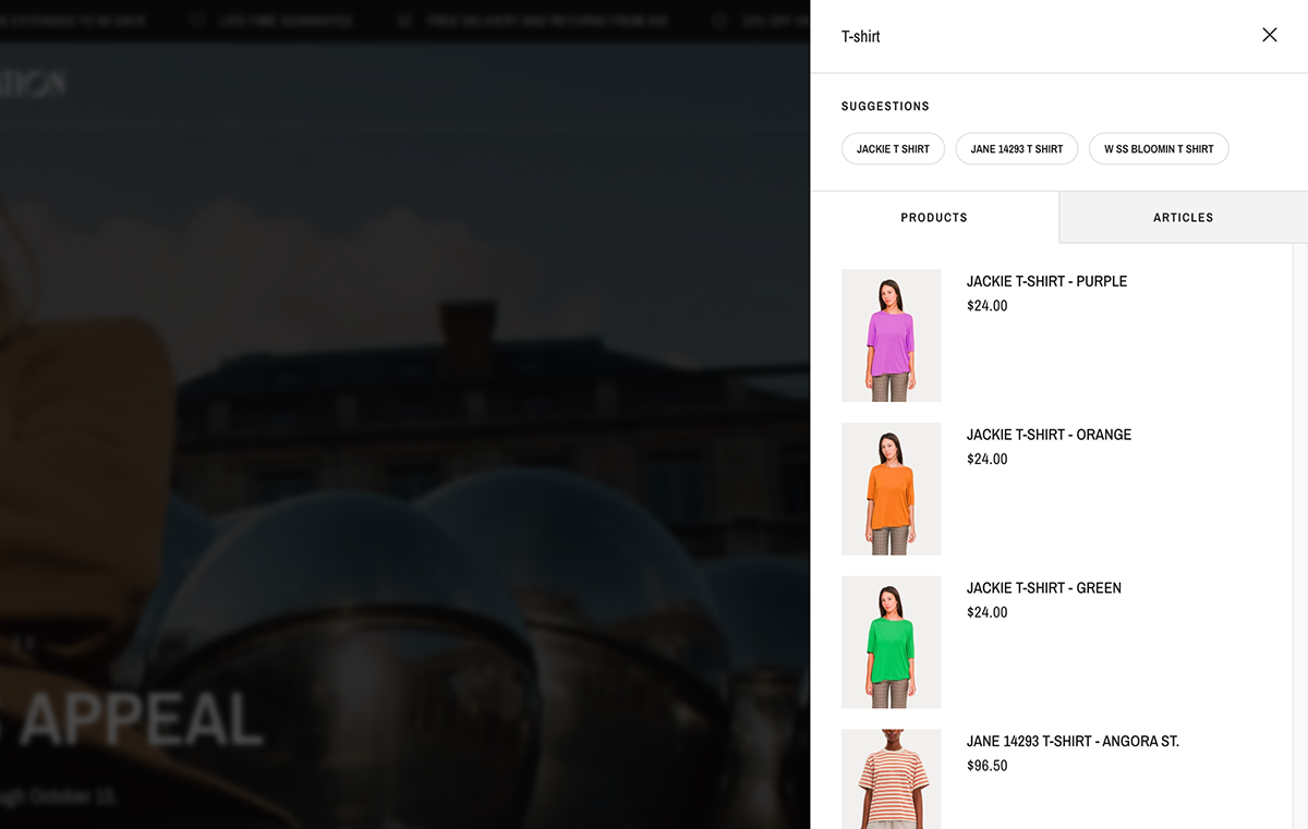 Screenshot of Shopify’s predictive search bar displaying product suggestions as the user types.