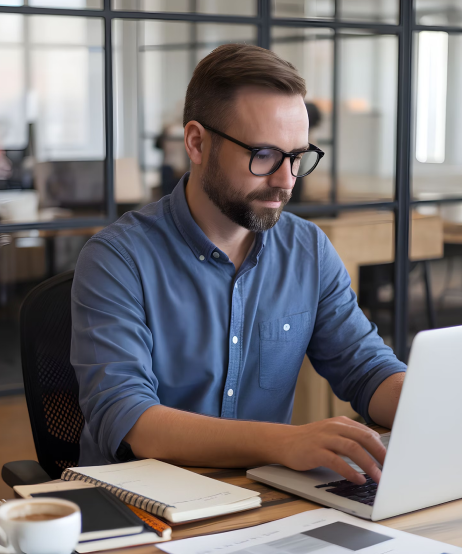 A man wearing glasses is focused on his laptop, engaged in work at a desk.