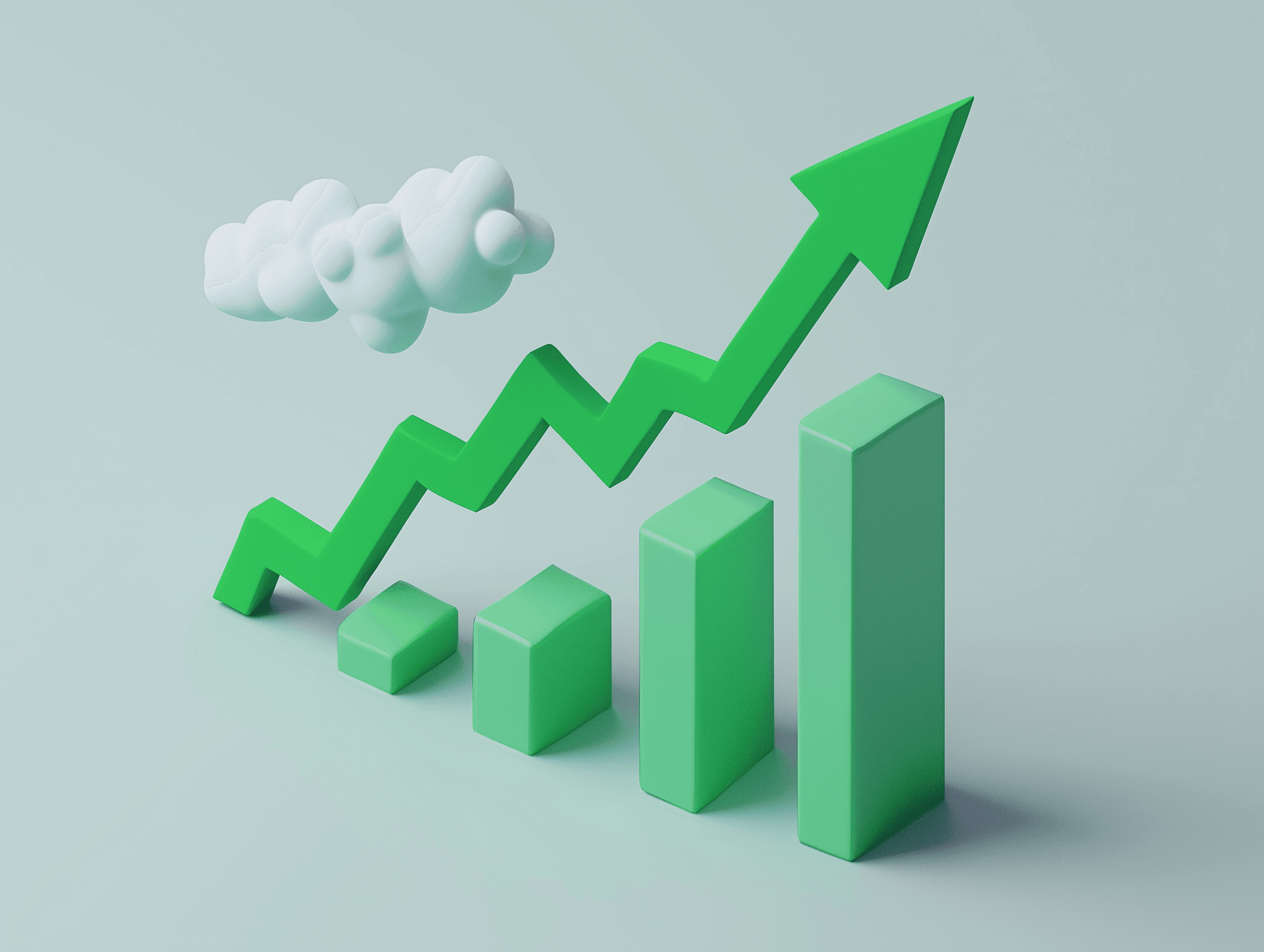 3D illustration of a green bar chart rising above a cloud, symbolizing growth and progress in data visualization.