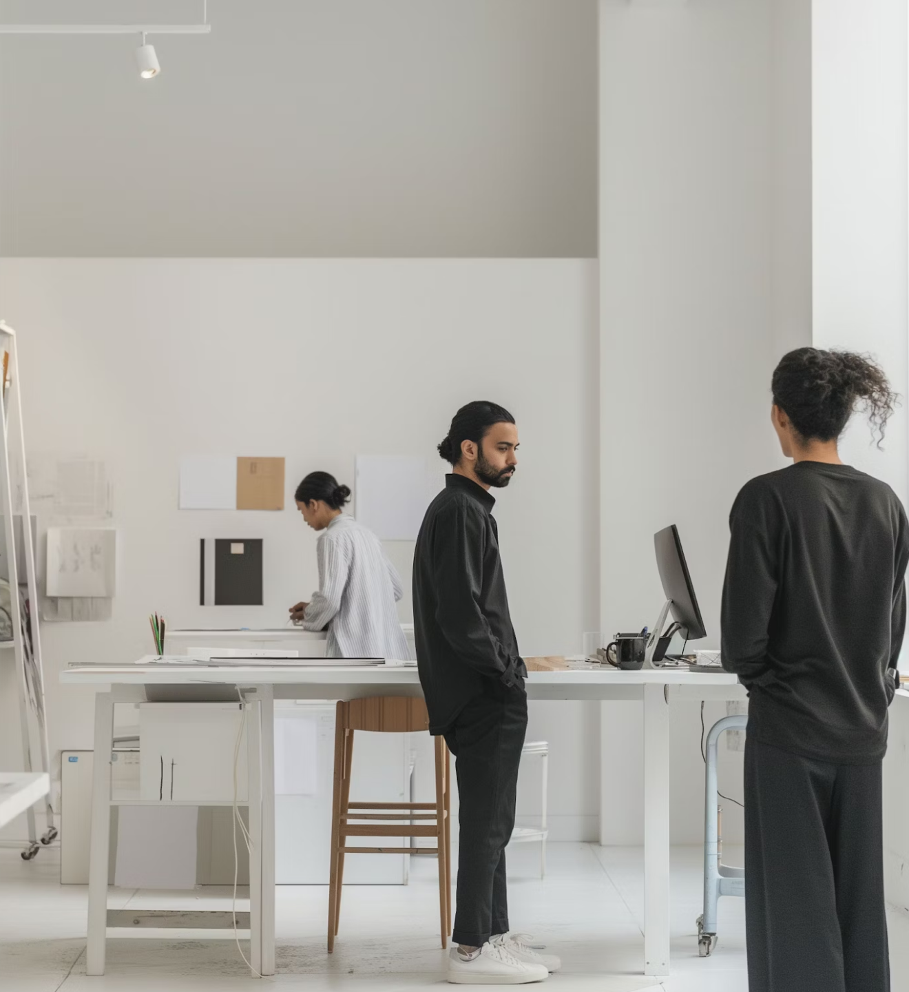 Two individuals collaborating in a modern office setting with white walls, focused on their tasks and engaged in discussion.