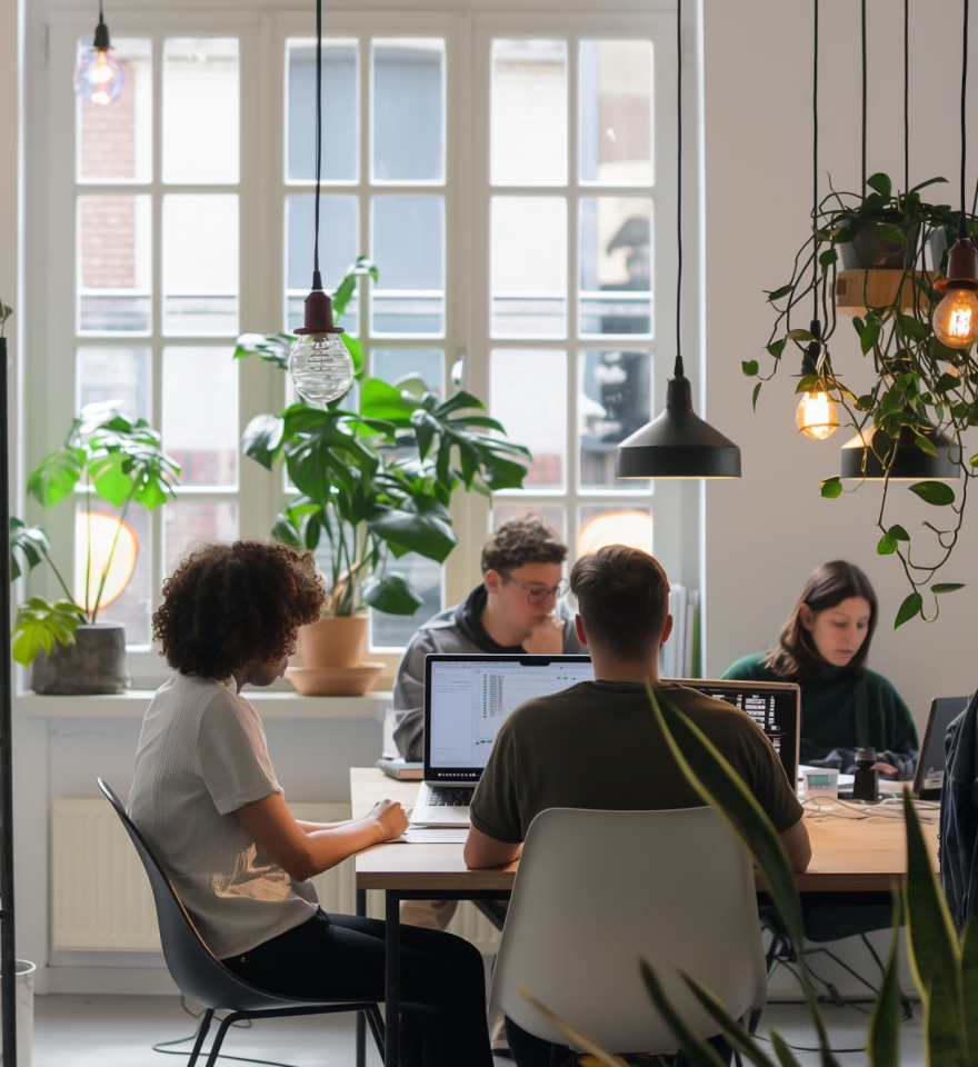 Office environment featuring individuals collaborating amidst greenery and indoor plants, promoting a vibrant and productive atmosphere.
