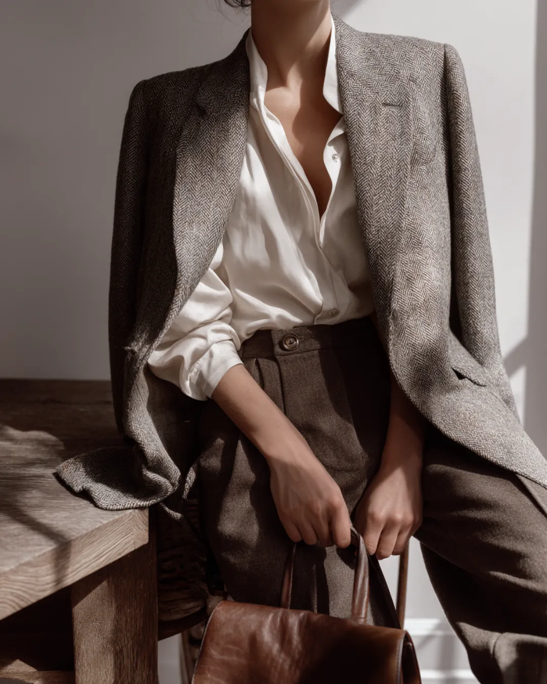 A close-up of a woman in a textured blazer and white blouse, holding a leather handbag while leaning against a rustic wooden table — styled in timeless, neutral tones.