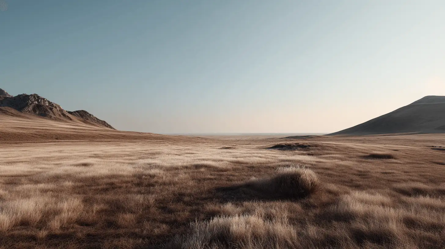 Vast golden grassland with hills in the background under a clear sky at sunrise.