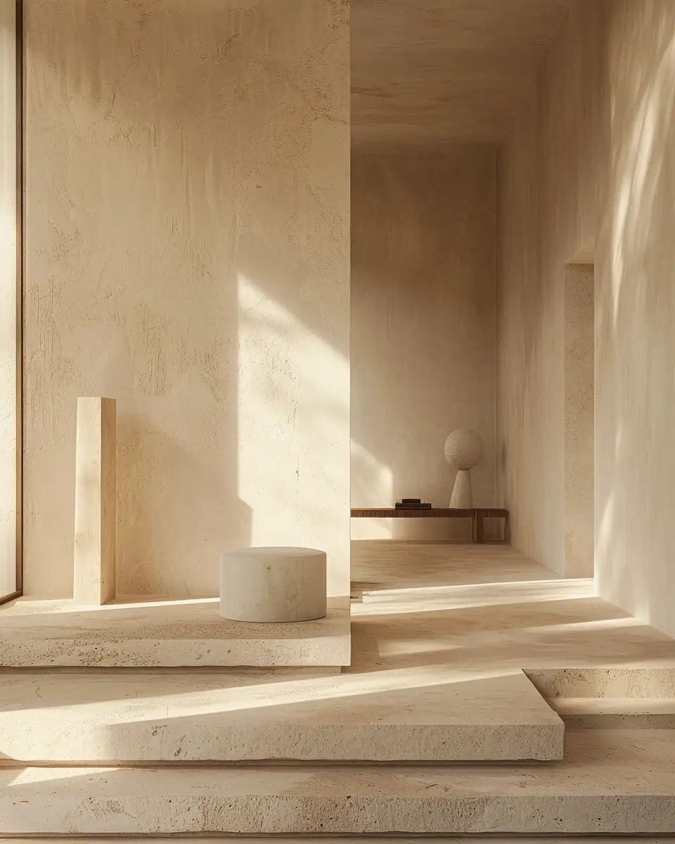 Modern beige stone architecture with layered steps, minimal furniture, and warm sunlight filtering through the space.