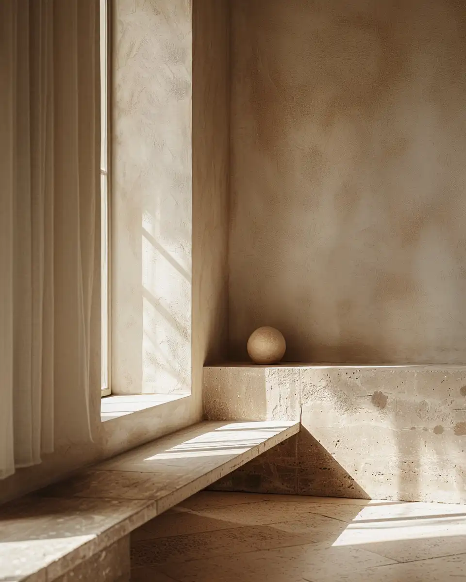 A quiet architectural corner with textured plaster walls, soft sunlight, and a single round stone sculpture on a ledge.