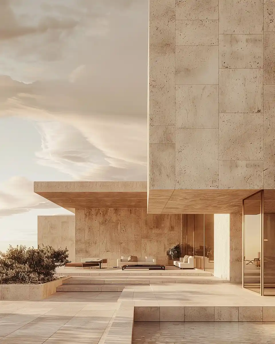 Luxurious contemporary architecture featuring expansive travertine walls, open terraces, and soft desert lighting.