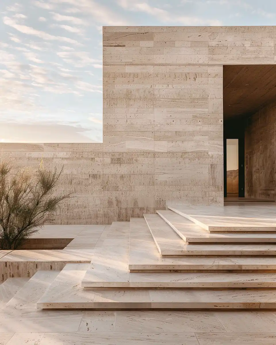 Luxurious travertine architecture with wide stone steps, minimalist lines, and desert plants under a soft sky.