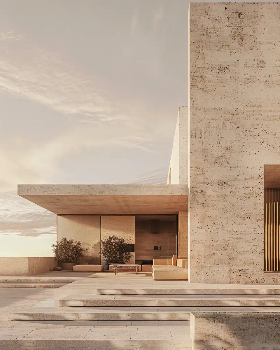 Elegant modern architecture in beige stone, with open spaces, greenery, and sunlight creating a serene Mediterranean atmosphere.