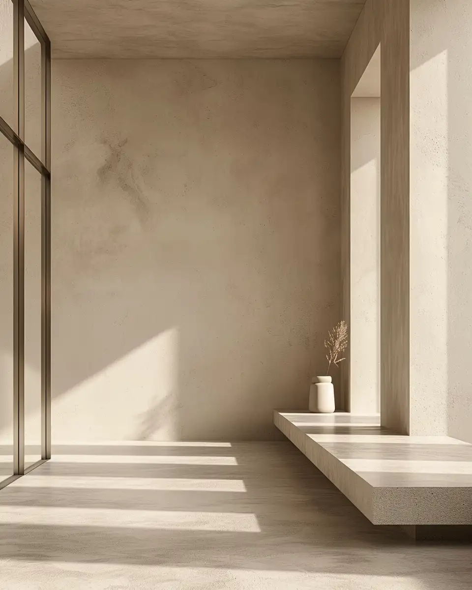 Contemporary minimalist room with floating stone seating, large windows, and elegant natural light.