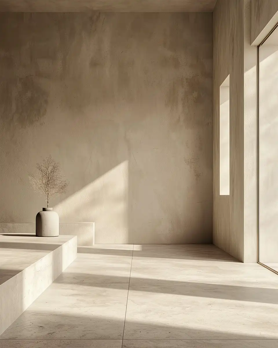 A minimalist interior featuring clean stone surfaces, neutral tones, and a single ceramic vase illuminated by sunlight.