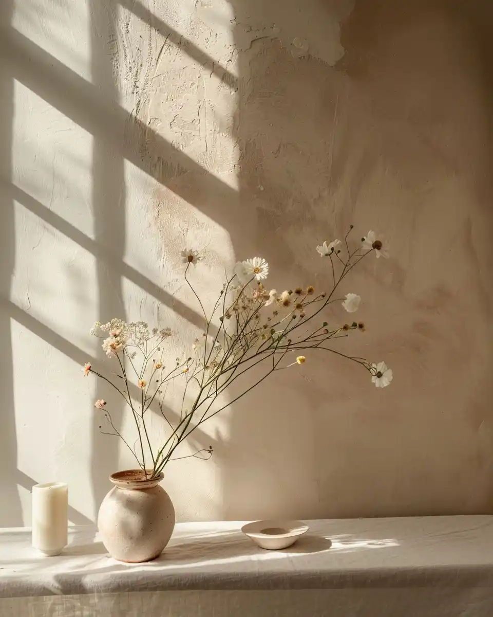 A minimalist interior featuring clean stone surfaces, neutral tones, and a single ceramic vase illuminated by sunlight.