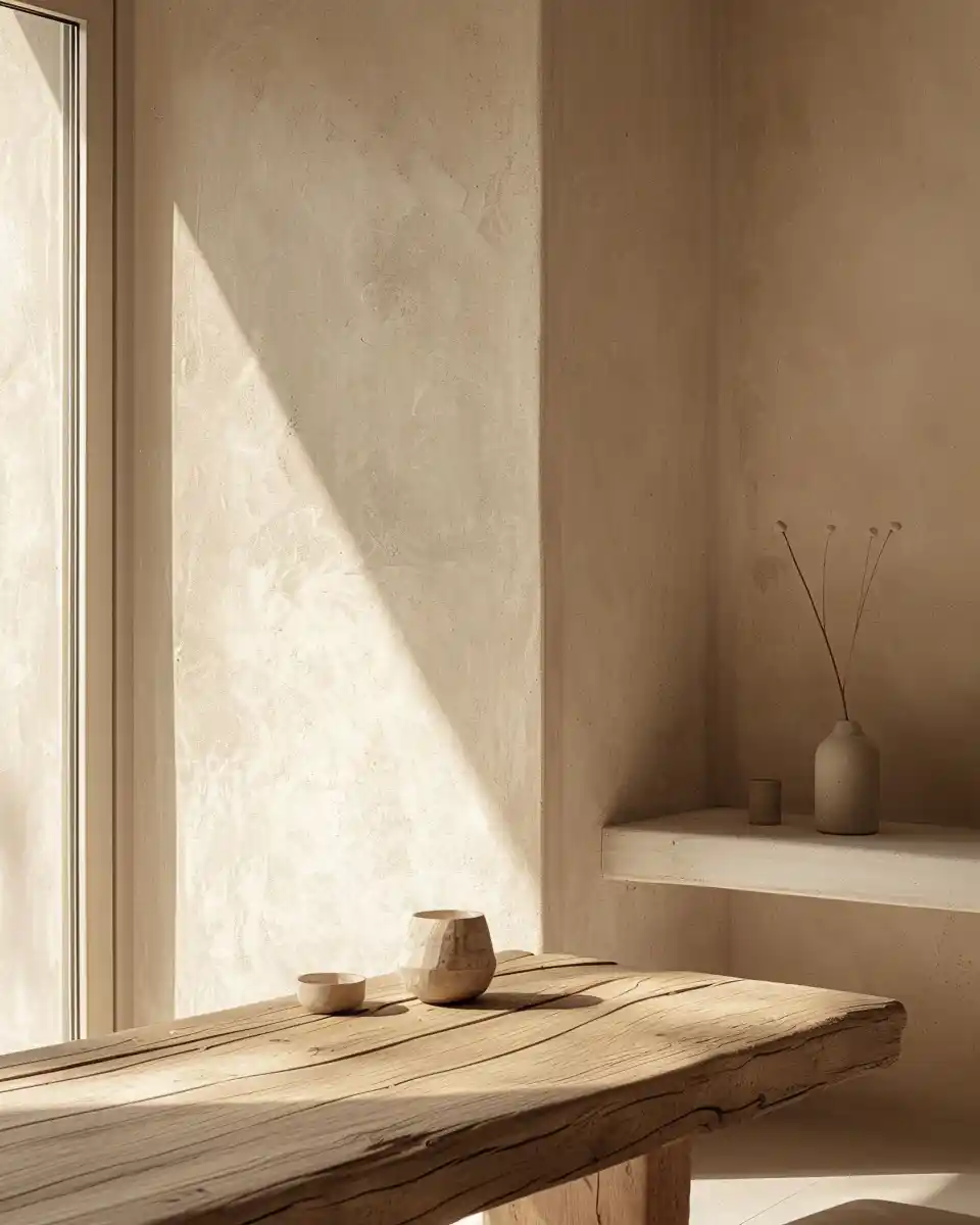 Warm minimalist interior with natural wood table, handcrafted ceramics, and textured plaster walls softly lit by daylight.