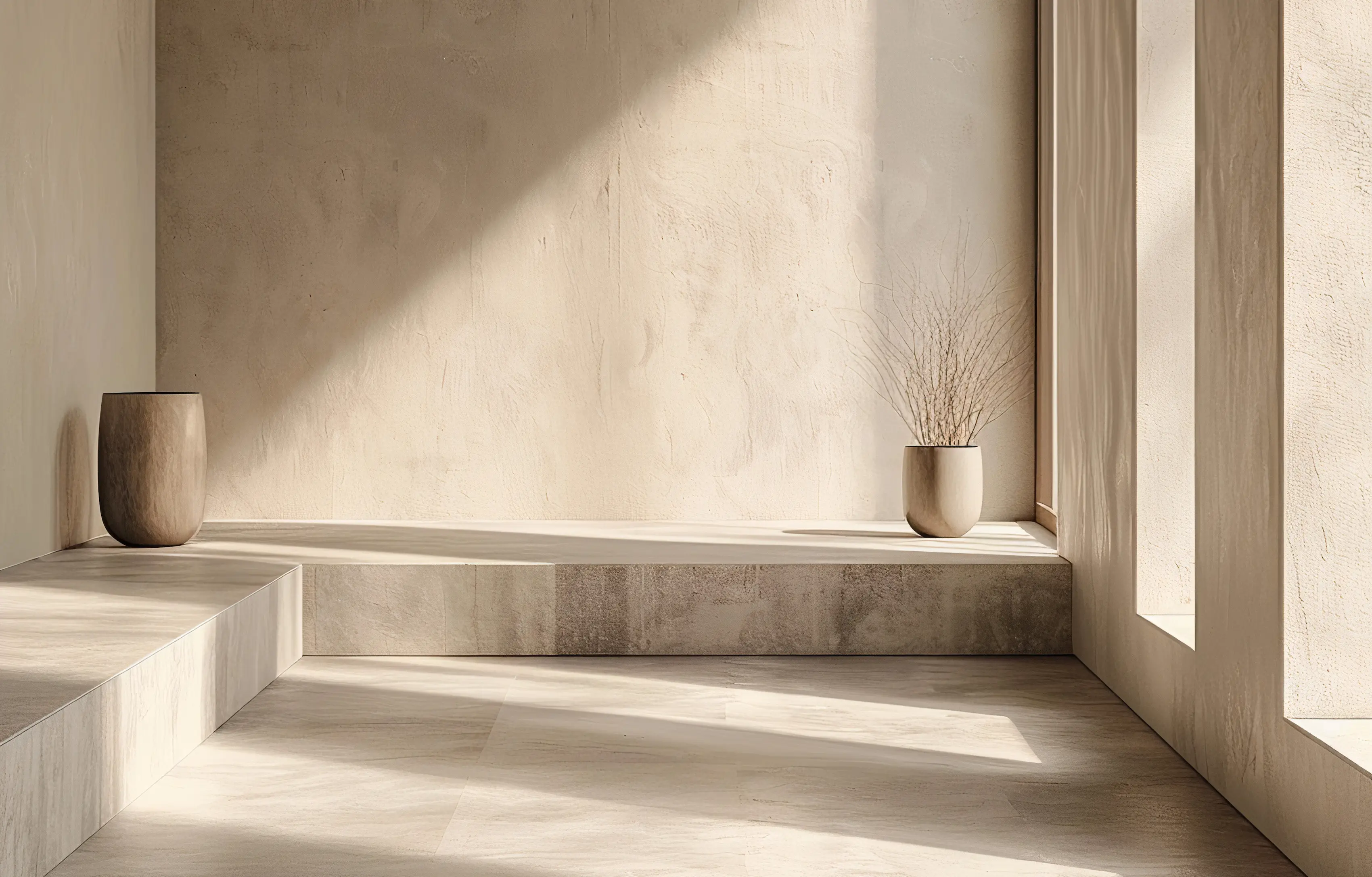 Serene minimalist interior with warm neutral walls, stone flooring, and soft sunlight streaming through tall windows onto two simple vases