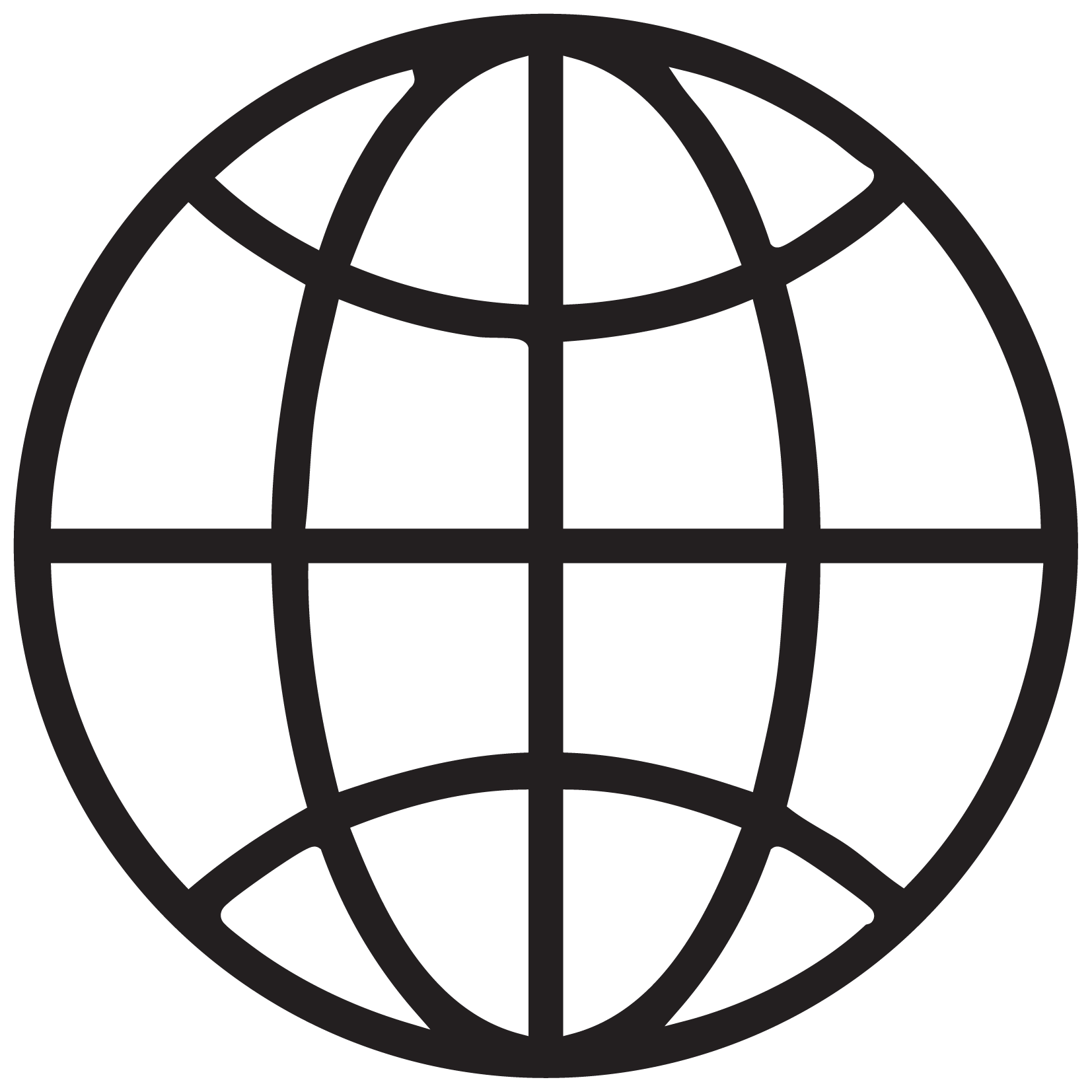 Black and white icon of a globe with latitude and longitude lines.
