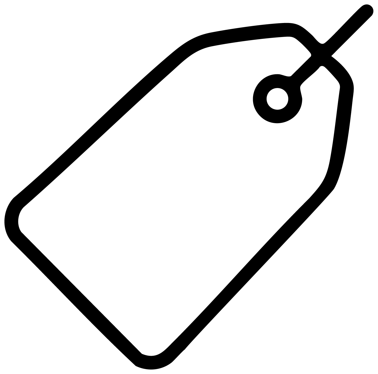 Outline of a blank price tag with a looped string on a black background.