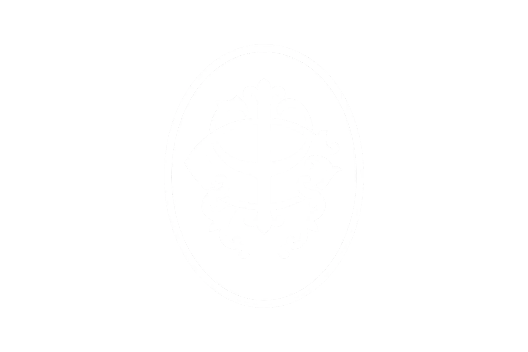 White stylized anchor logo enclosed in a white oval on a black background.