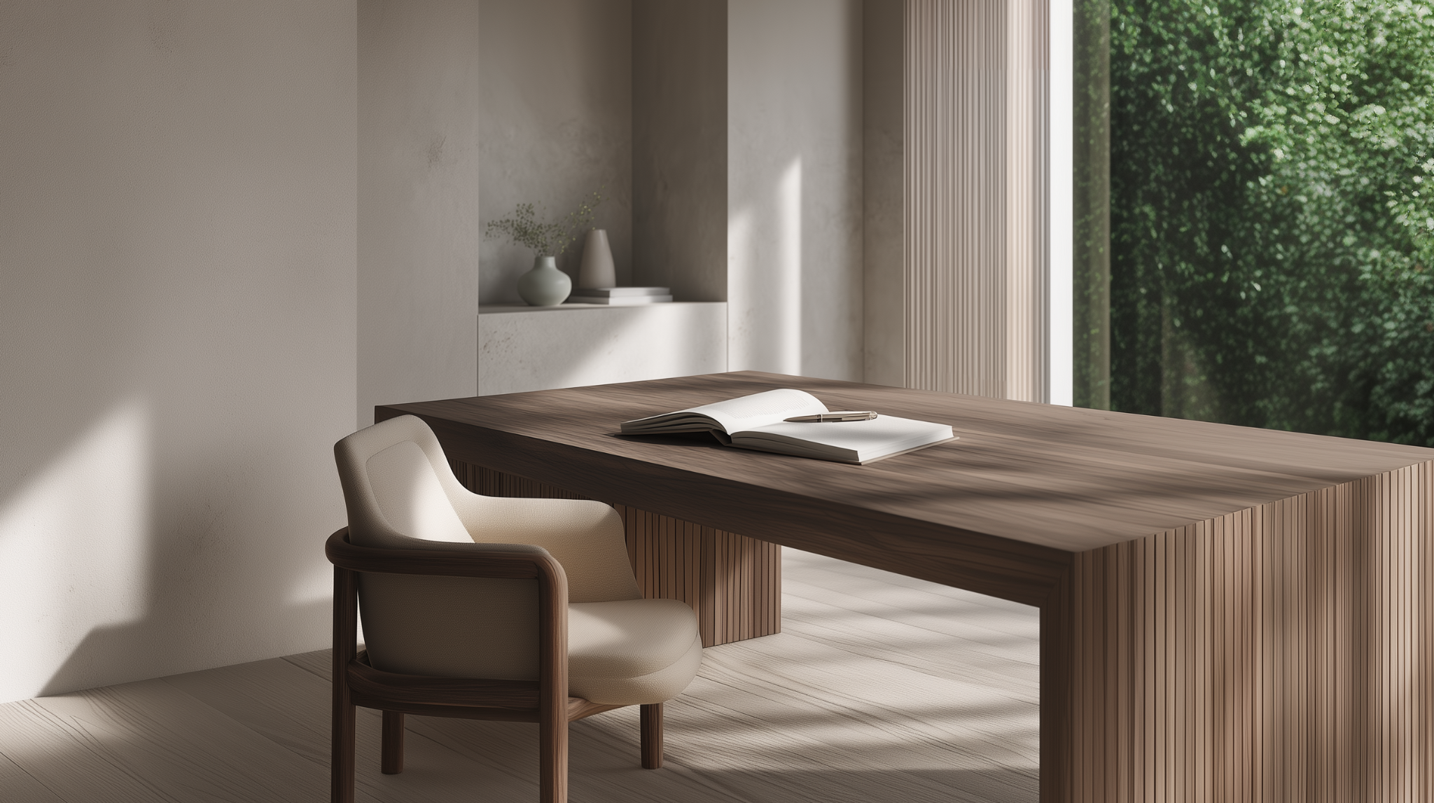 A serene reading space with a wooden desk, an open book, and soft daylight – a quiet tribute to heritage and thought.