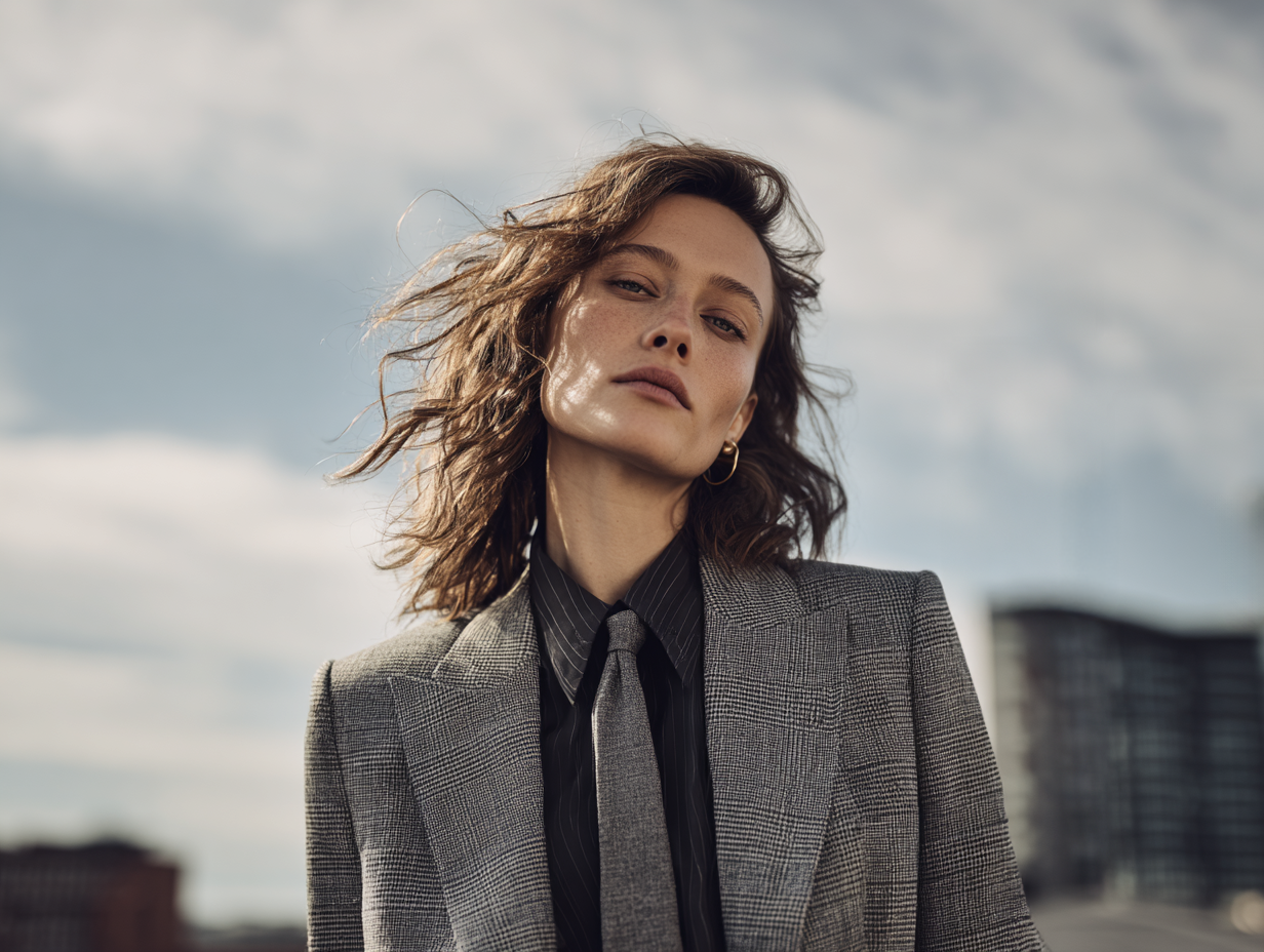 Portrait of a woman wearing a structured glen check blazer and black shirt with tie. She looks confidently into the camera as the wind moves her hair. Urban skyline with cranes in the background. A visual statement of strength, style, and presence.