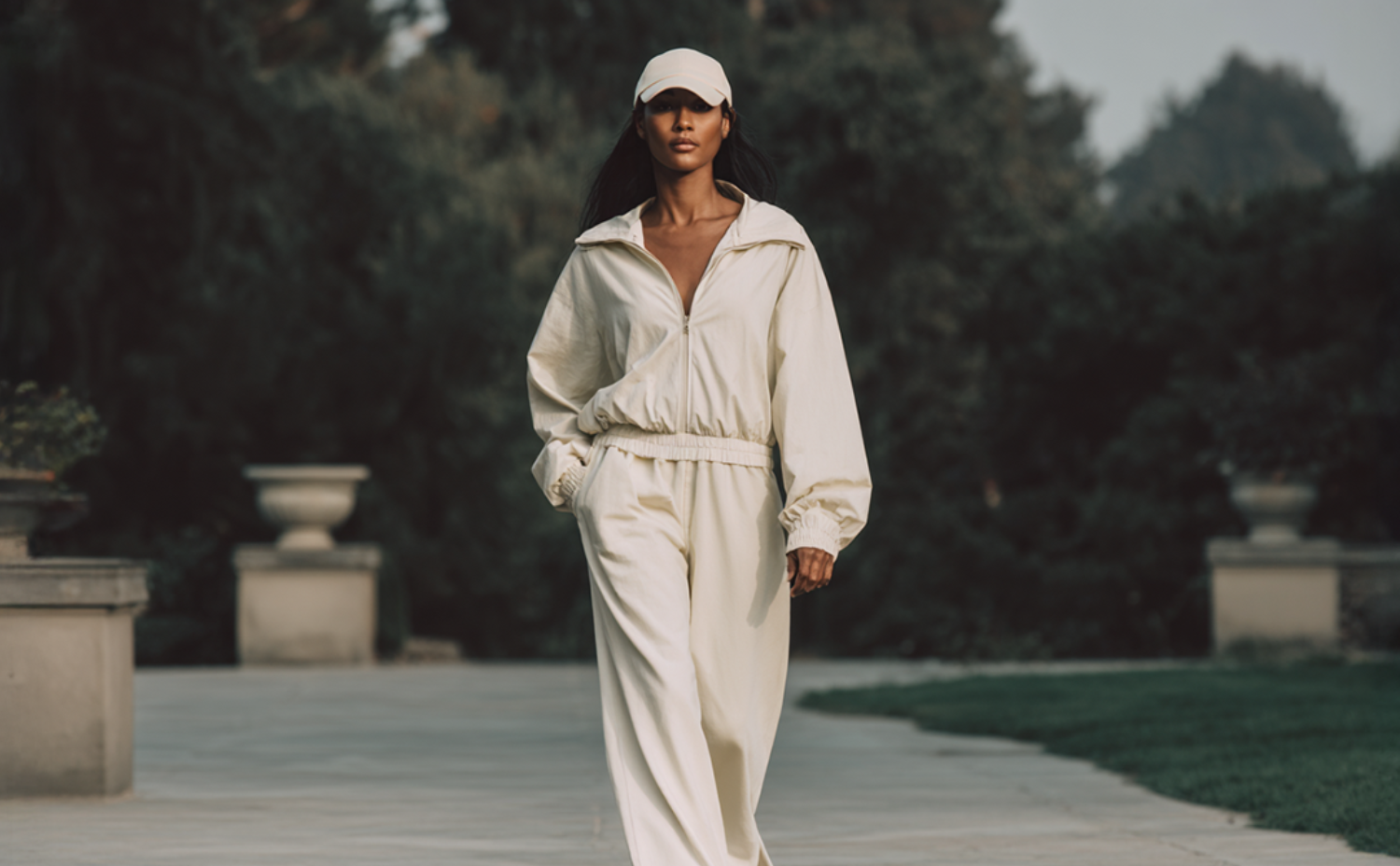 A model in a cream-colored casual set and baseball cap walks confidently outdoors on a stone pathway, blending sporty style with relaxed sophistication.