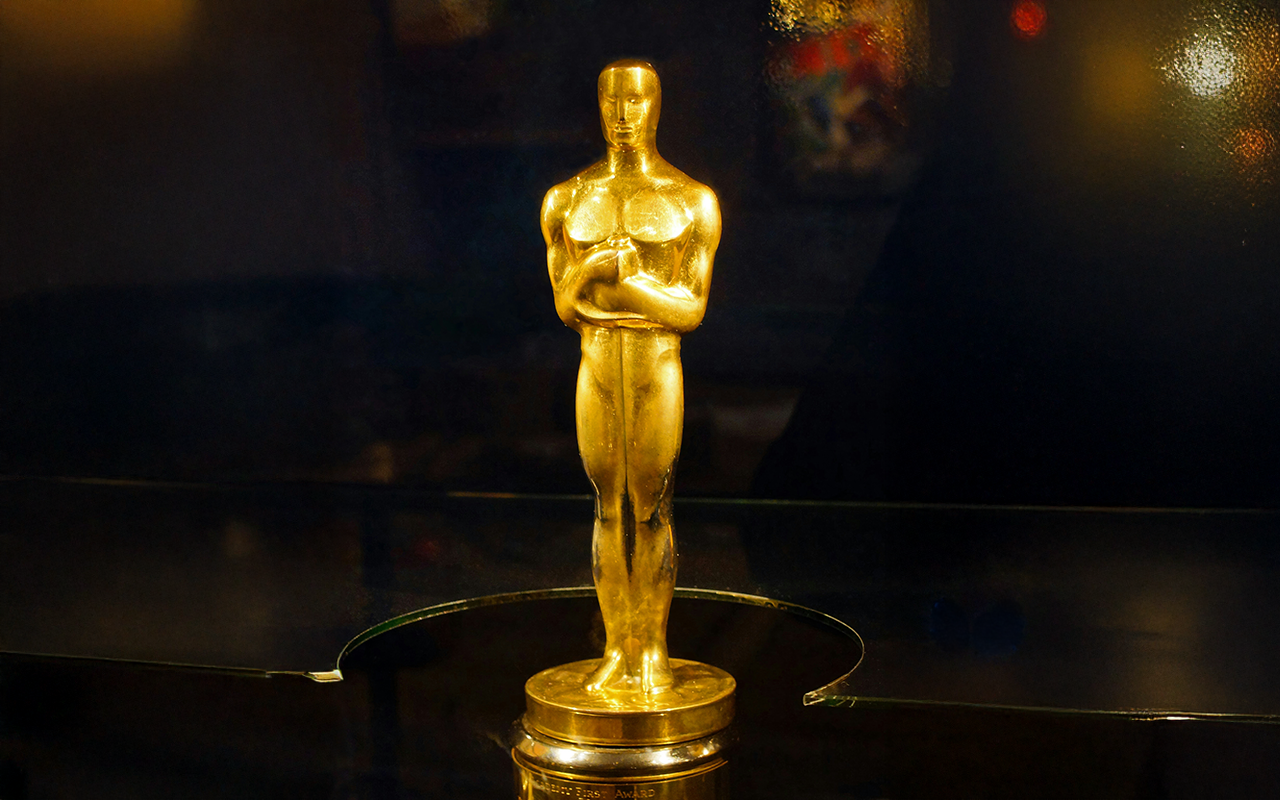 A close-up of the iconic golden Oscar statuette on display, symbolizing the pinnacle of cinematic achievement at the Academy Awards 2025.