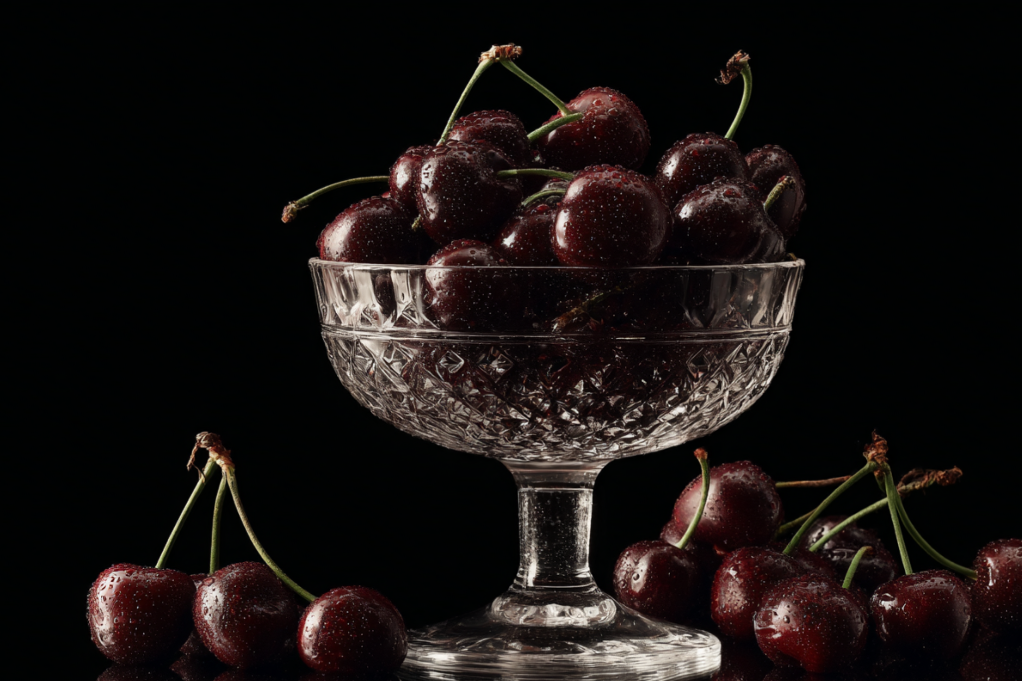 A glass bowl filled with deep red cherries, symbolizing the rising fashion trend of the color “Dark Cherry” in 2025, where rich burgundy tones dominate clothing and design palettes.