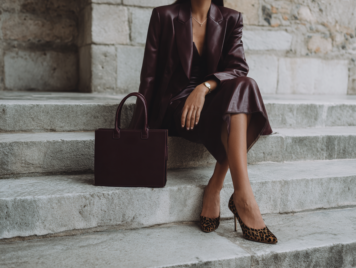 Close-up of a stylish woman sitting on stone steps, dressed in a dark cherry leather suit paired with a matching handbag and leopard print heels, showcasing the luxurious and confident tone of 2025's dark cherry fashion trend.