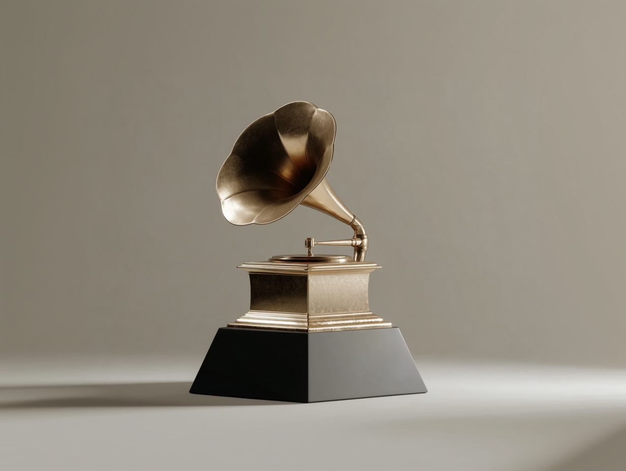 Golden Grammy Award trophy from 2025 standing on a minimalist gray base against a neutral background.