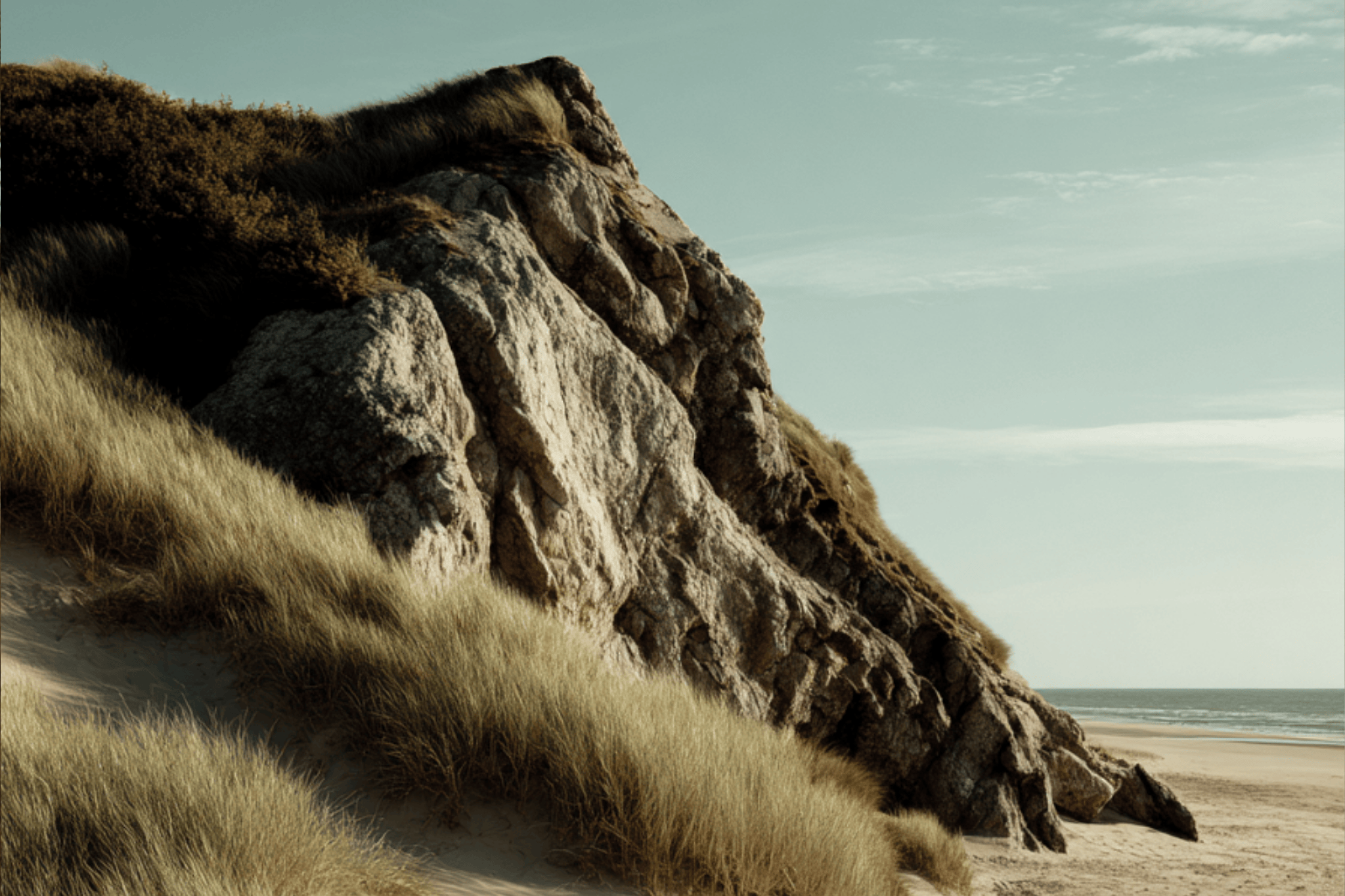  Sunlit coastal rock formation surrounded by wild beach grass under a soft sky, capturing natural texture and calm atmosphere for the Summer, Restrained visual essay by CINCH.
