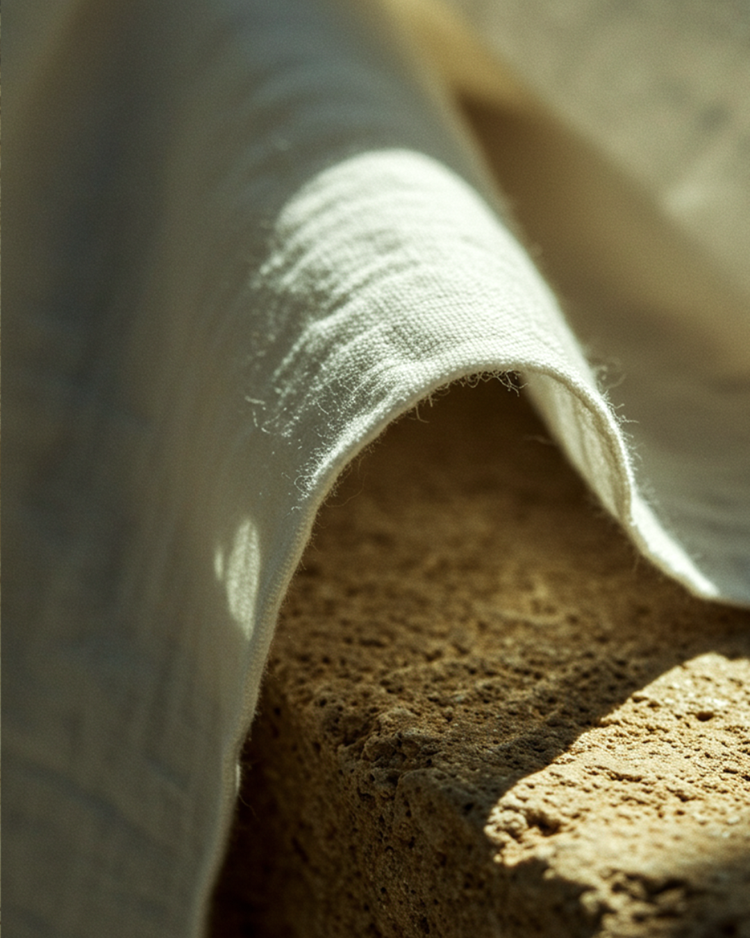 Close-up of ivory linen fabric draped over textured stone, illustrating natural materials and simplicity in CINCH’s Summer, Restrained campaign.