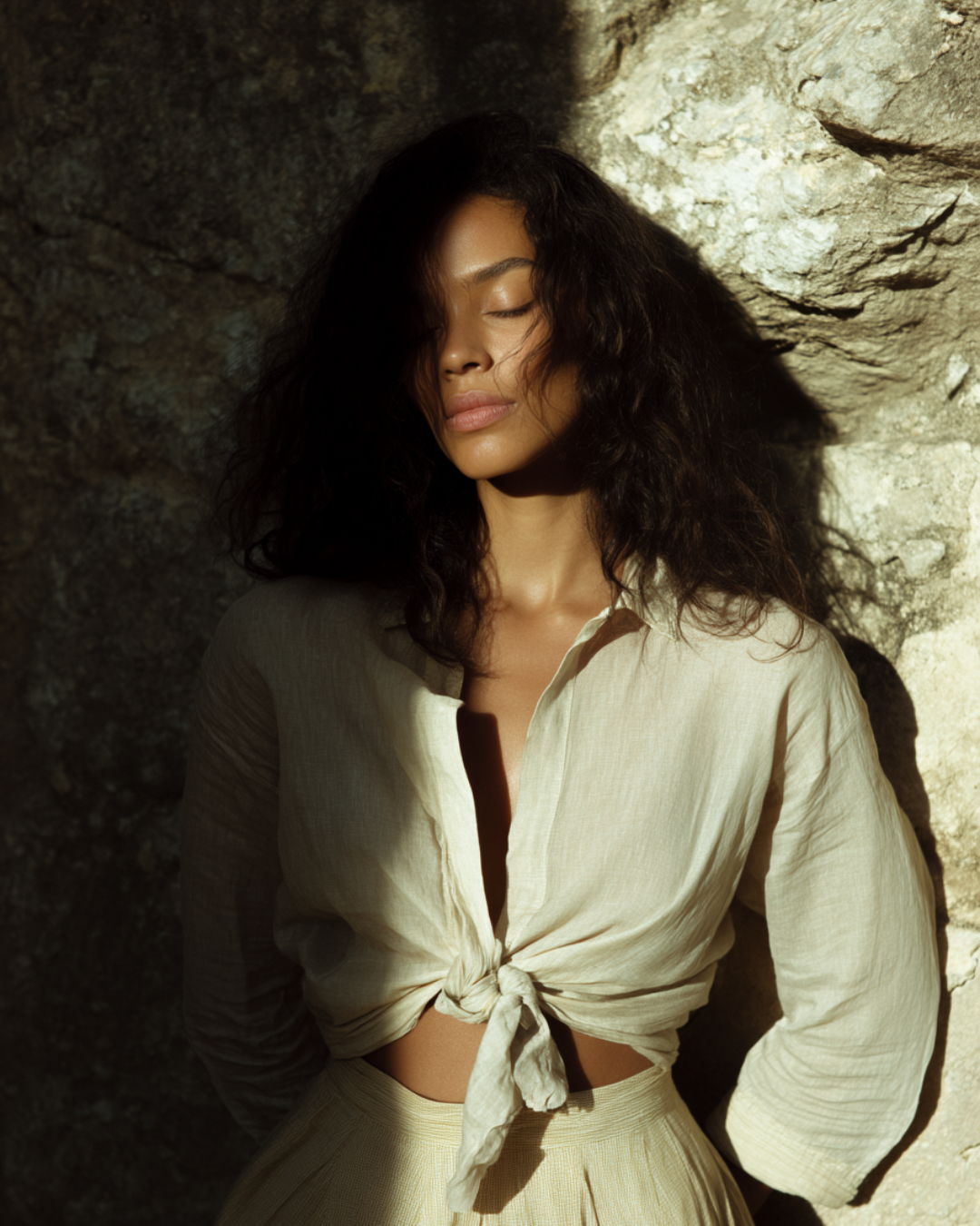 Woman in soft linen blouse standing against sunlit rock wall, captured in a moment of stillness for CINCH’s Summer, Restrained campaign.
