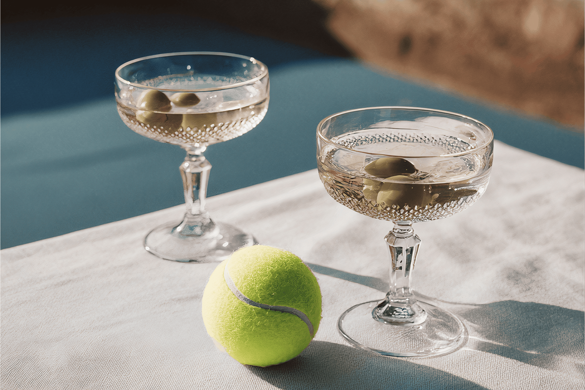 Two elegant cocktail glasses with olives beside a tennis ball on a sunlit table, evoking a luxurious summer tennis lifestyle.