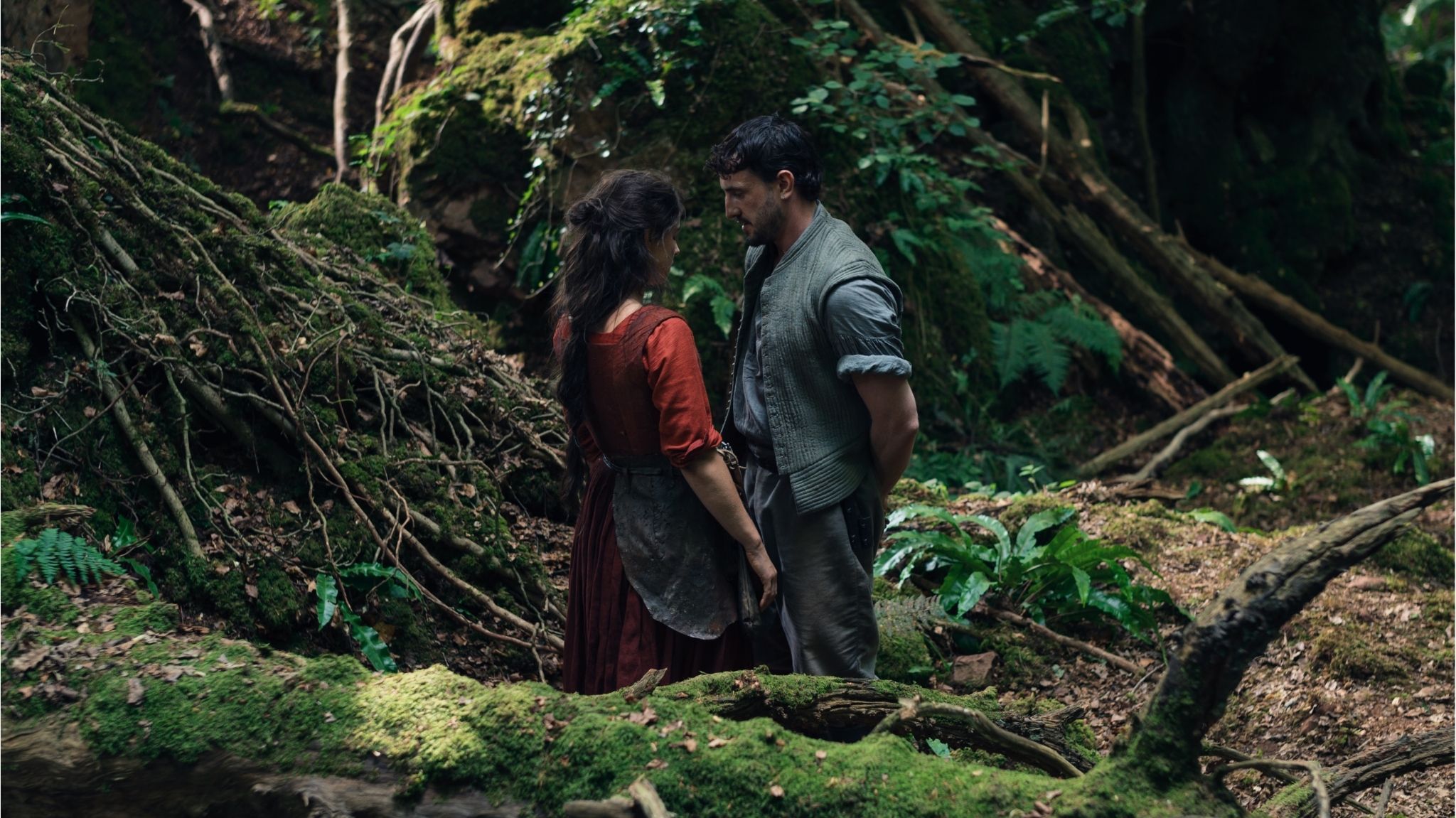 A dramatic forest scene from Hamnet, showing two characters in period clothing standing close together, surrounded by moss-covered trees.