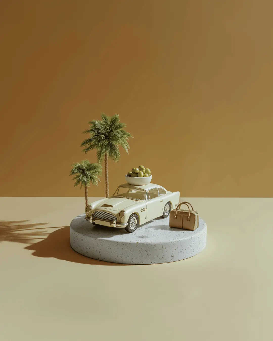 A miniature vintage cream-colored car parked on a round terrazzo platform, topped with a bowl of green olives, flanked by two palm trees and a tan leather bag — set against a warm golden backdrop evoking a luxurious summer journey.
