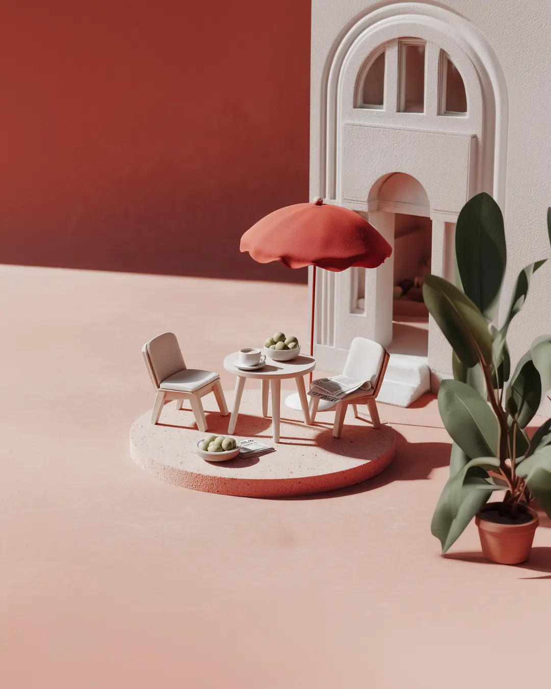 A small round table with cups, bowls of olives, and a red umbrella set in front of a pastel pink building, evoking a relaxed Mediterranean street café.