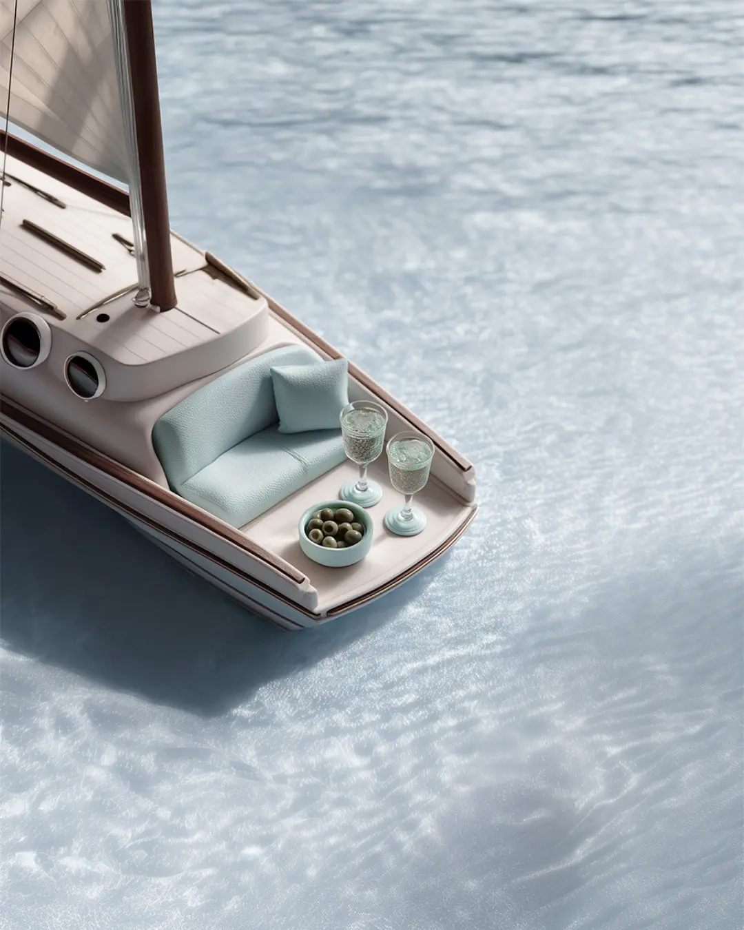 A close-up of a boat deck styled with turquoise cushions, two champagne glasses, and a bowl of green olives floating on shimmering blue water.