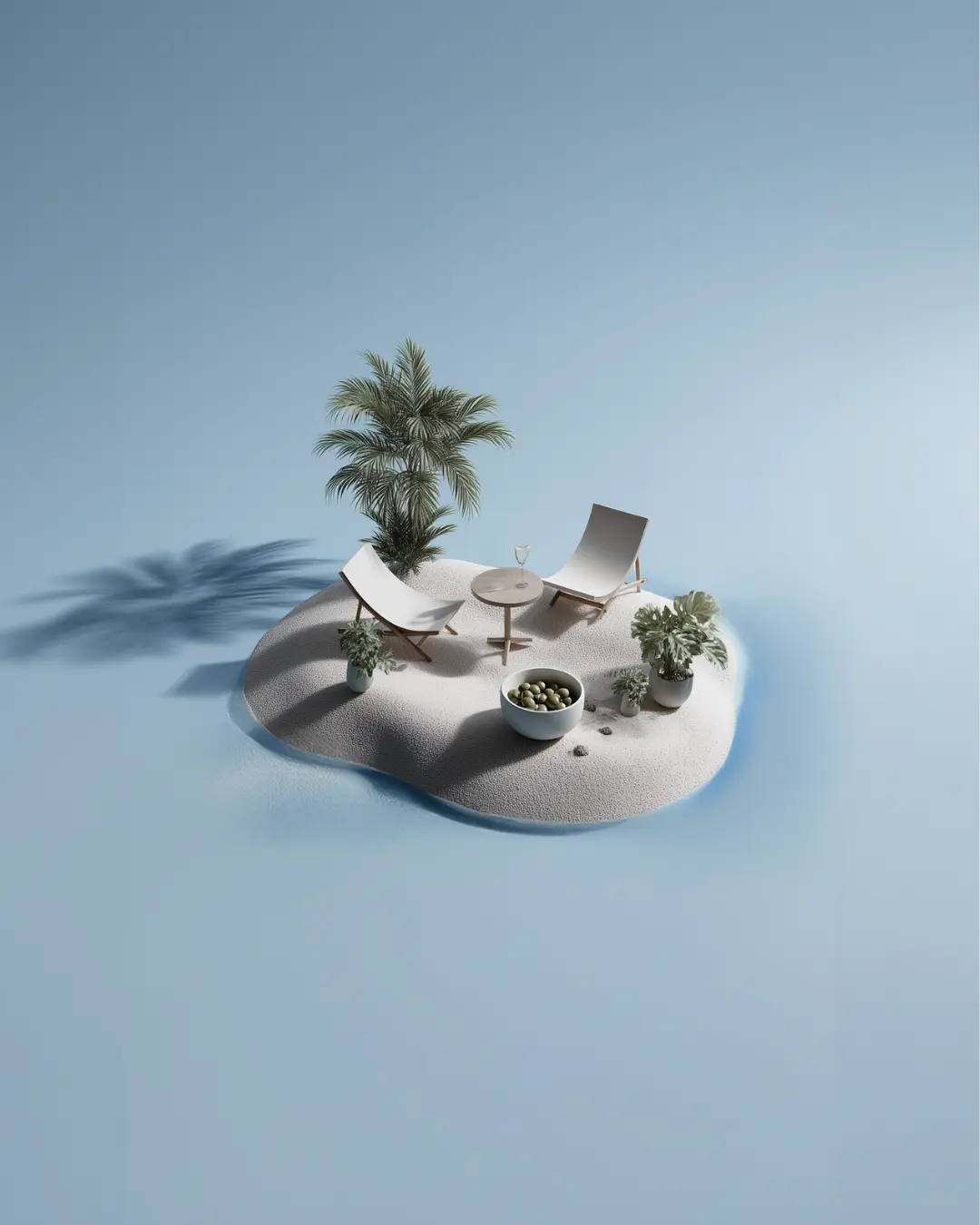 A tiny sandy island with two loungers, a table, palm tree, and olives in the middle of a blue sea—an imagined escape into calm and comfort.