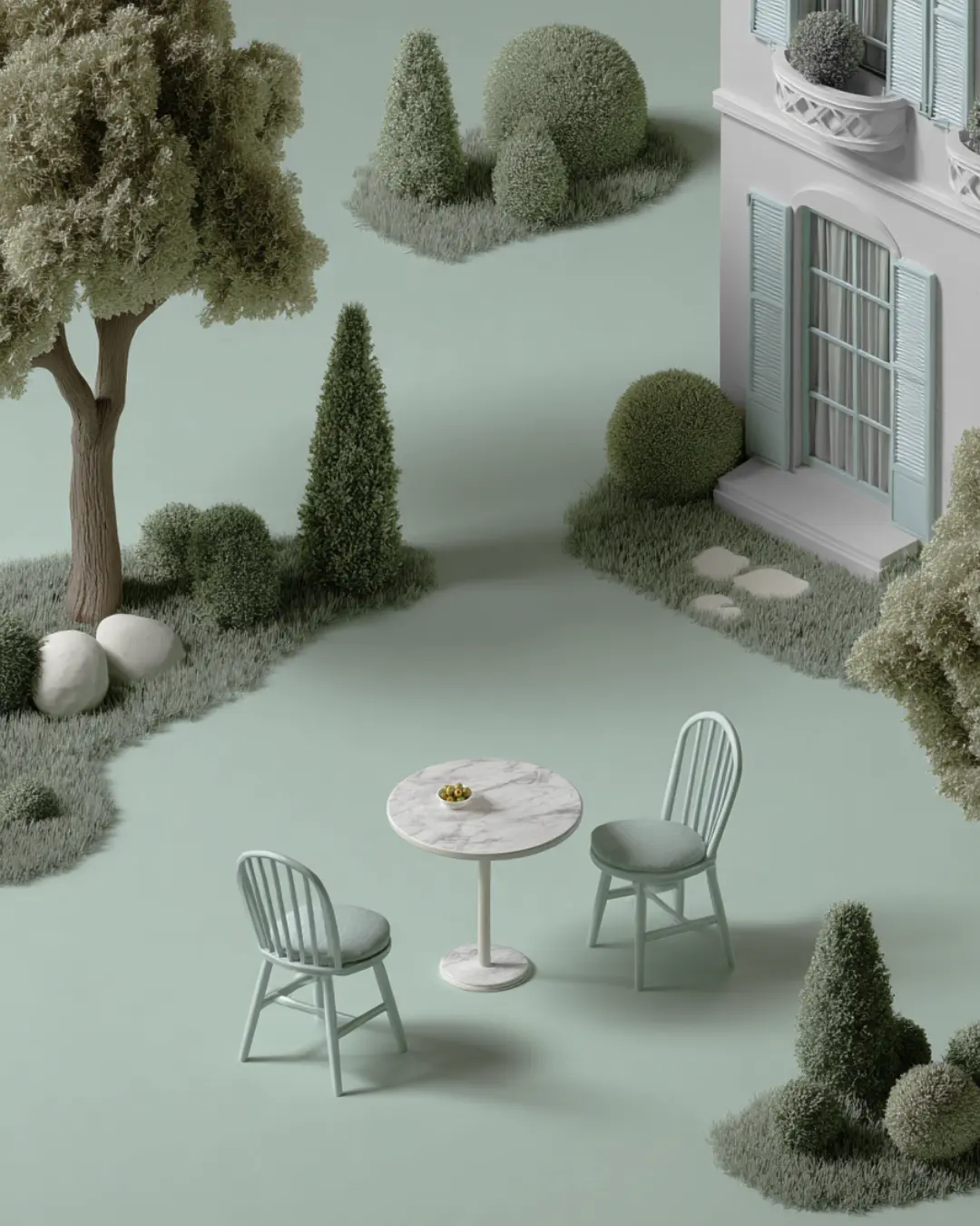A quaint French garden setting with a marble table and two mint-green chairs, surrounded by trimmed topiary and classic window shutters.
