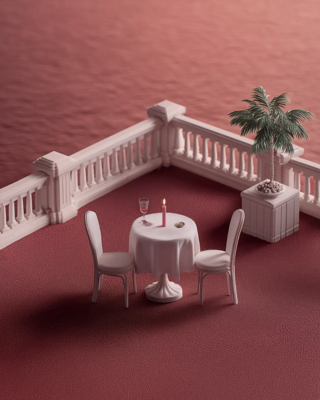 A miniature round table for two with a pink candle and drinks, set on a coral-toned terrace overlooking a calm ocean, accompanied by a potted palm tree.